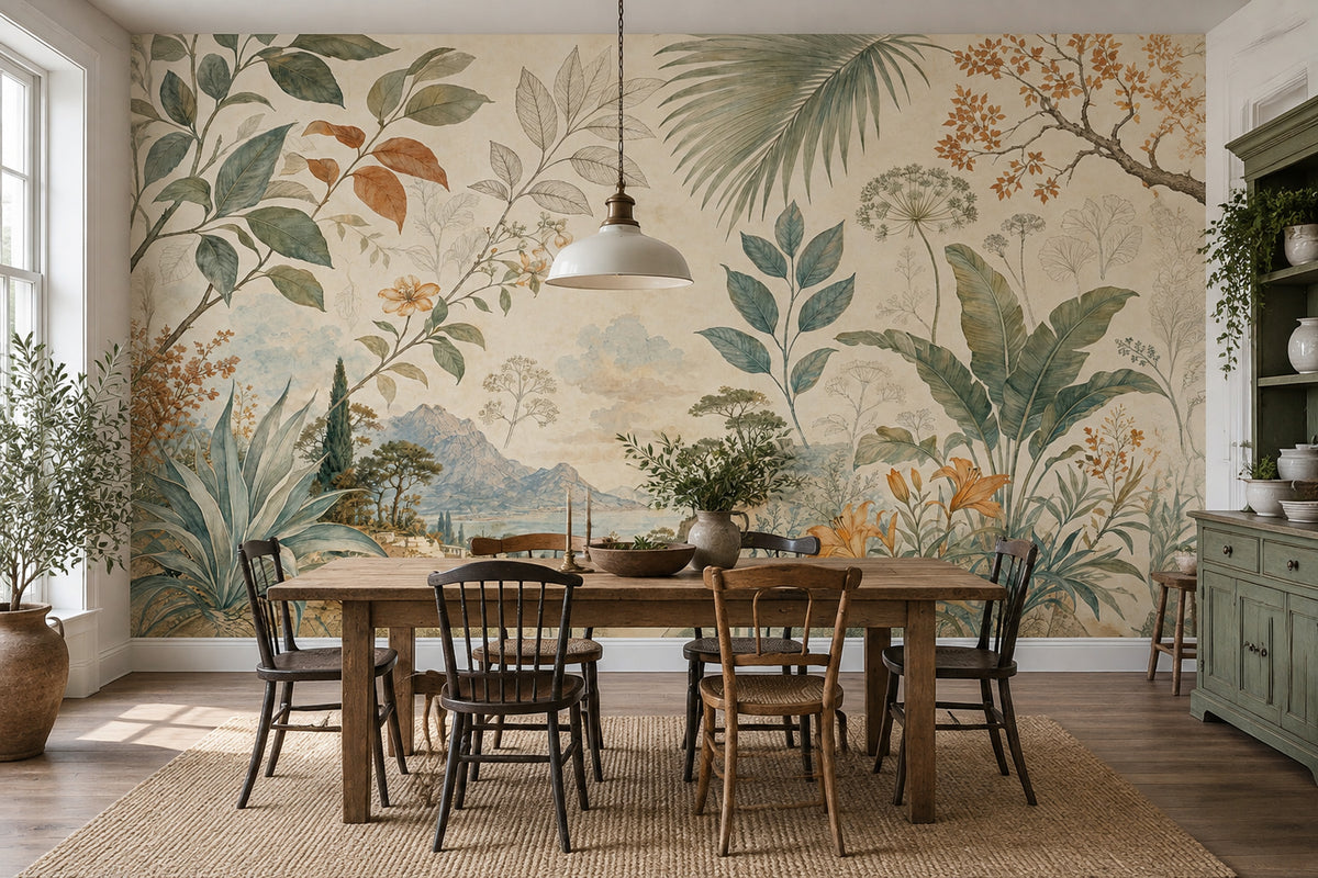 Tropical Botanical Landscape Wallpaper Vintage Panorama Wall Mural