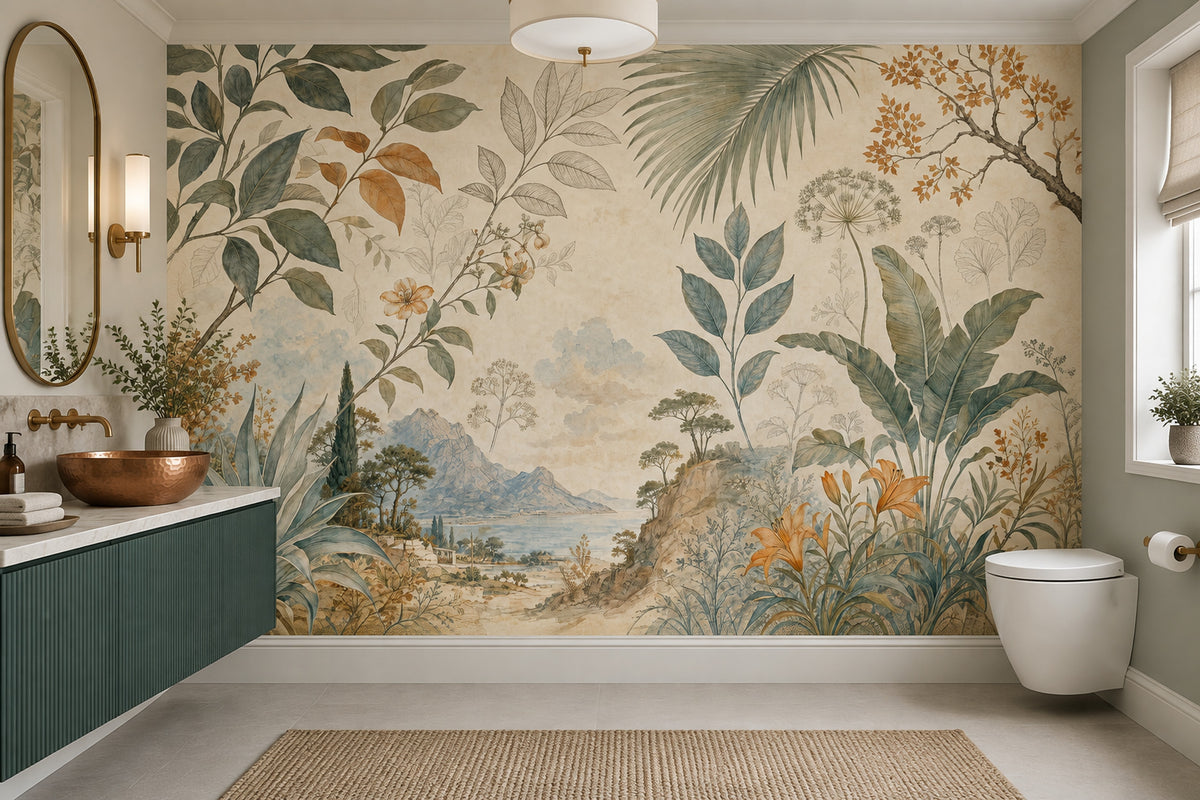 Tropical Botanical Landscape Wallpaper Vintage Panorama Wall Mural