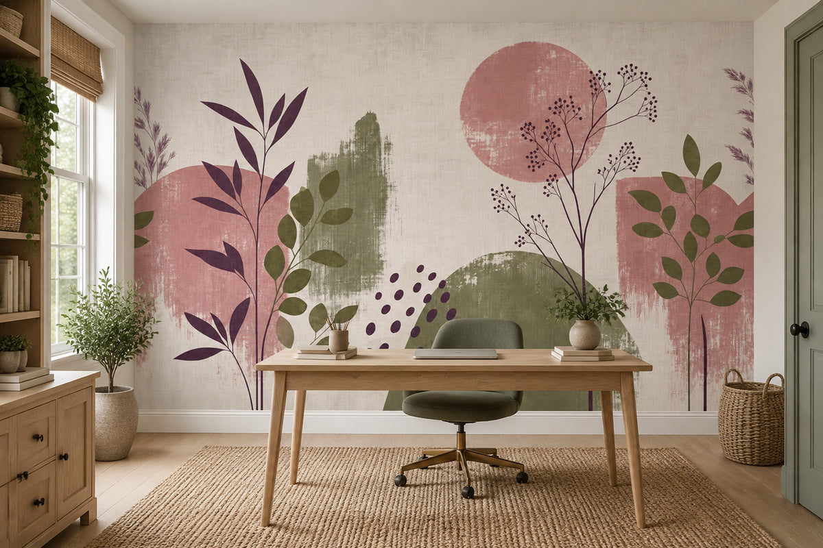 Abstract Botanical Stems Wallpaper Linen Texture Wall Mural