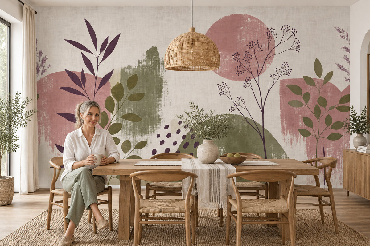 Abstract Botanical Stems Wallpaper Linen Texture Wall Mural