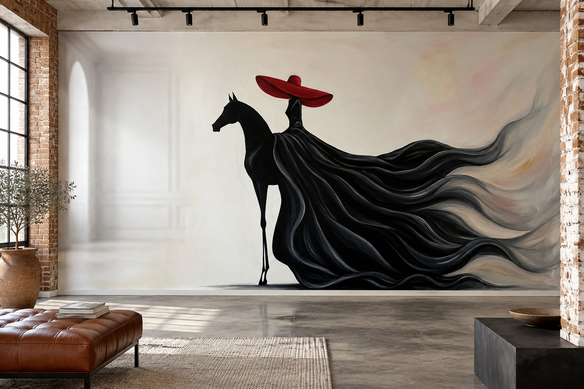 Red Hat Horse Silhouette Wallpaper Surreal Equestrian Wall Mural