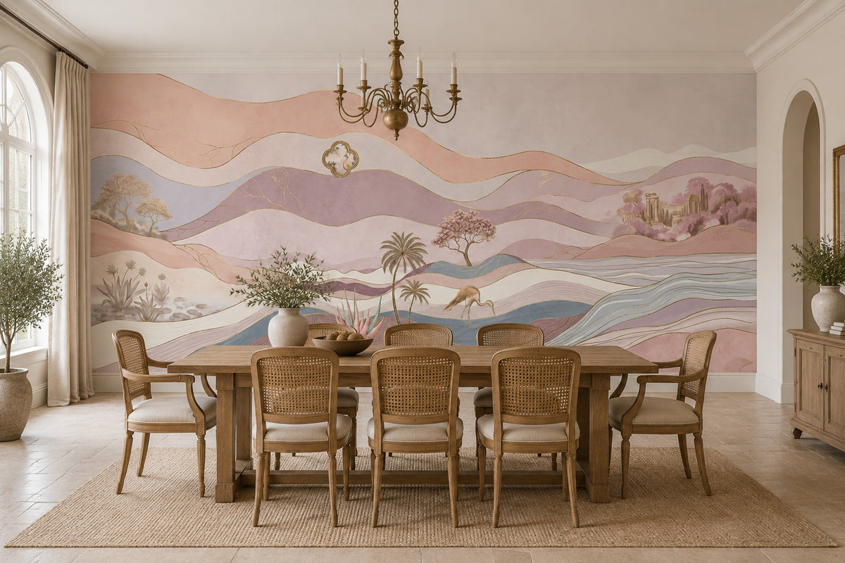 Pastel Landscape Wallpaper Gold Linework Wall Mural