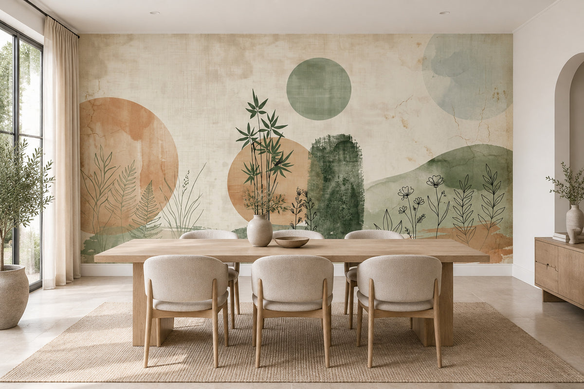 Watercolor Botanical Sketch Wallpaper Muted Green Wall Mural