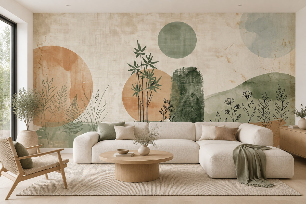 Watercolor Botanical Sketch Wallpaper Muted Green Wall Mural