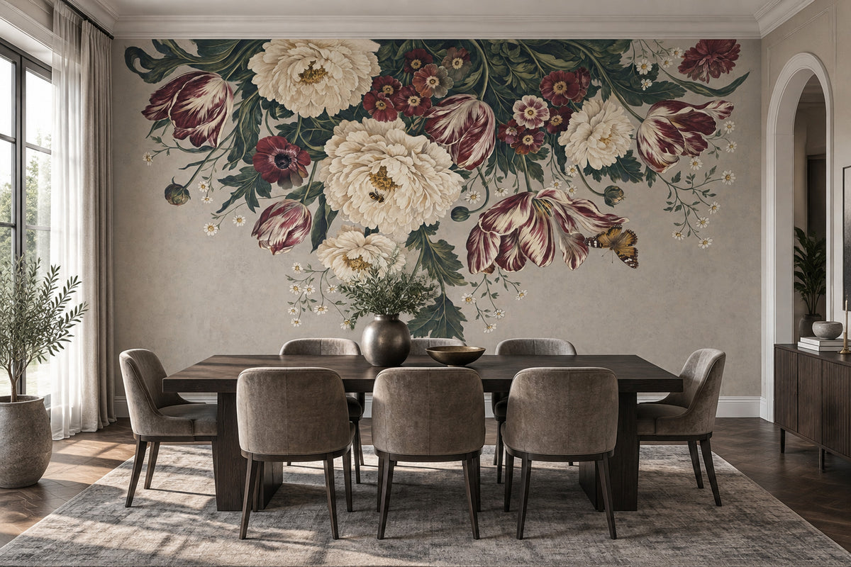 Vintage Peony And Tulip Wallpaper Paper Texture Wall Mural