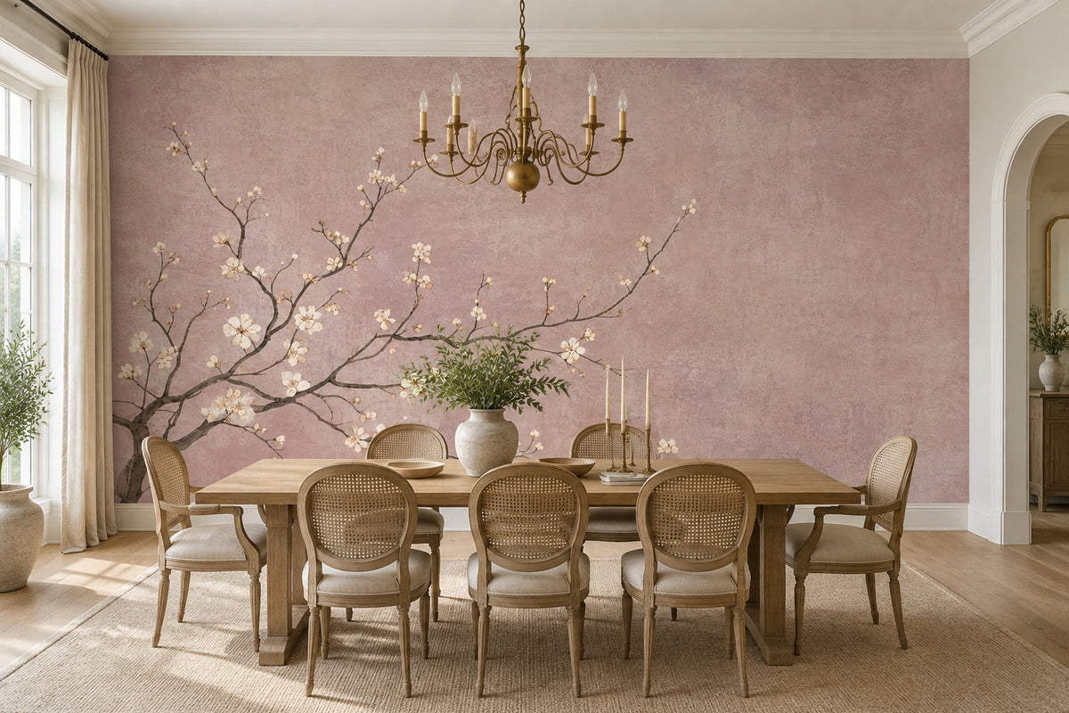Cherry Blossom Branches Wallpaper Textured Pink Wall Mural