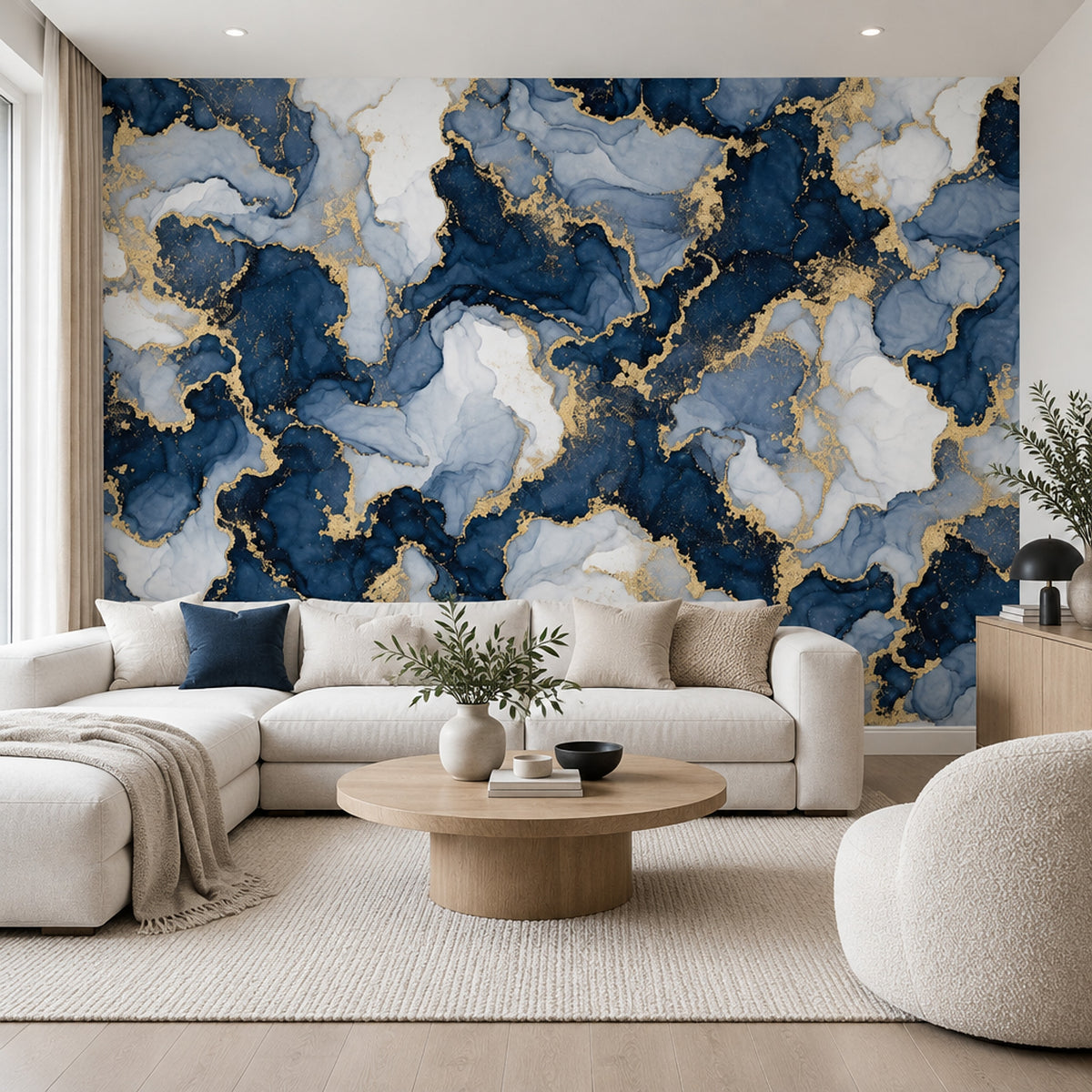 Navy And Gold Abstract Marble Wallpaper Luxury Fluid Wall Mural