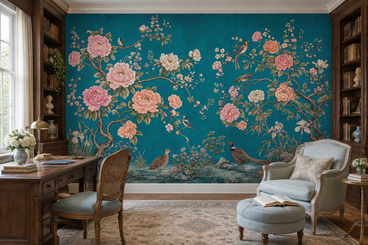 Teal Chinoiserie Peonies And Birds Wallpaper Oriental Garden Wall Mural