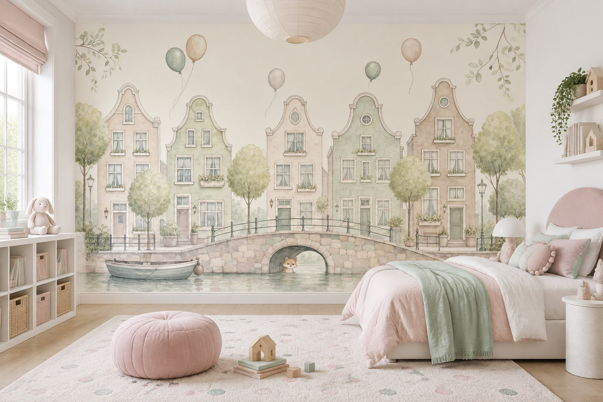 Watercolor Canal Cityscape Wallpaper Storybook Dutch Houses Wall Mural