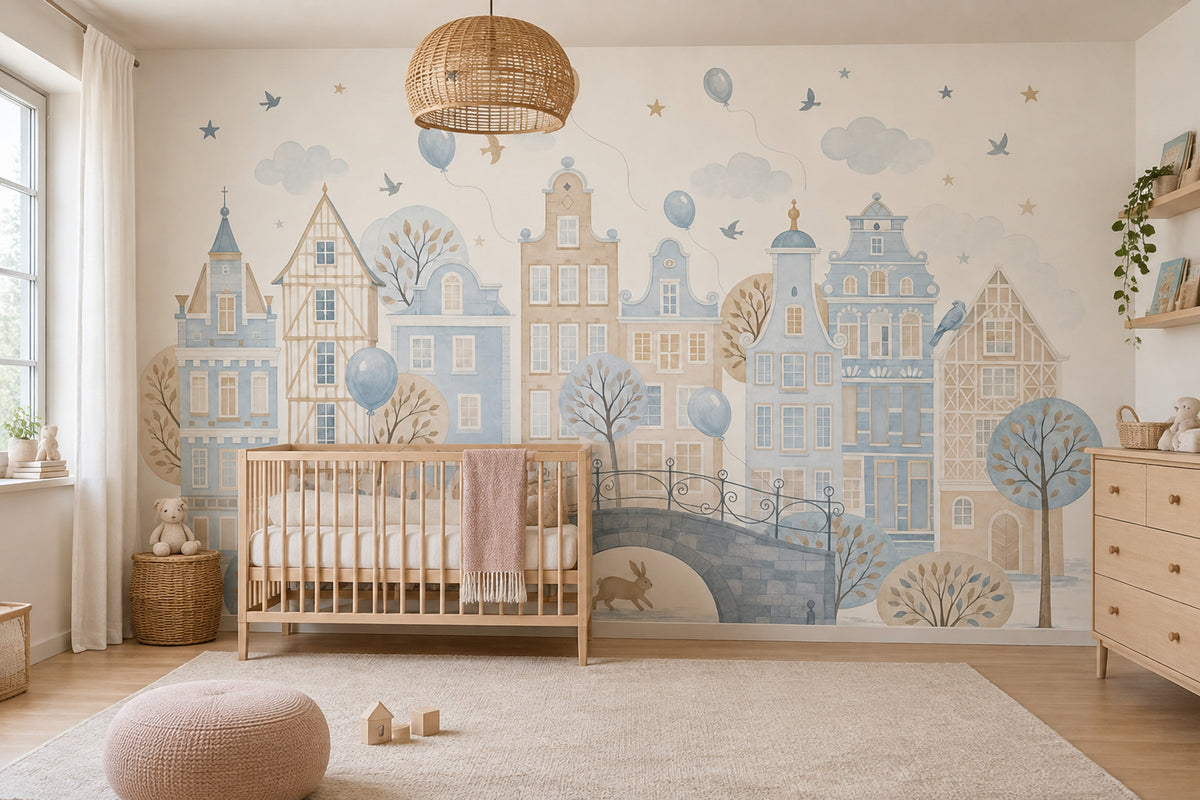 Watercolor Cityscape Wallpaper Pastel European Village Wall Mural