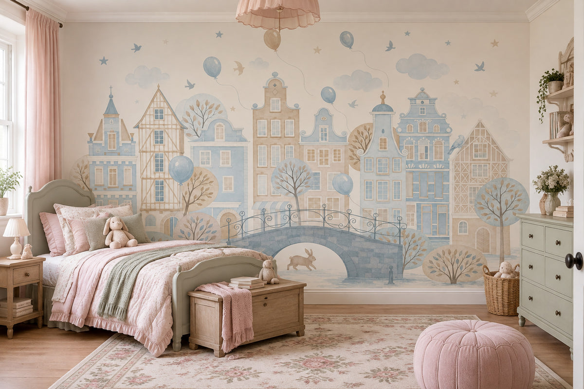 Watercolor Cityscape Wallpaper Pastel European Village Wall Mural