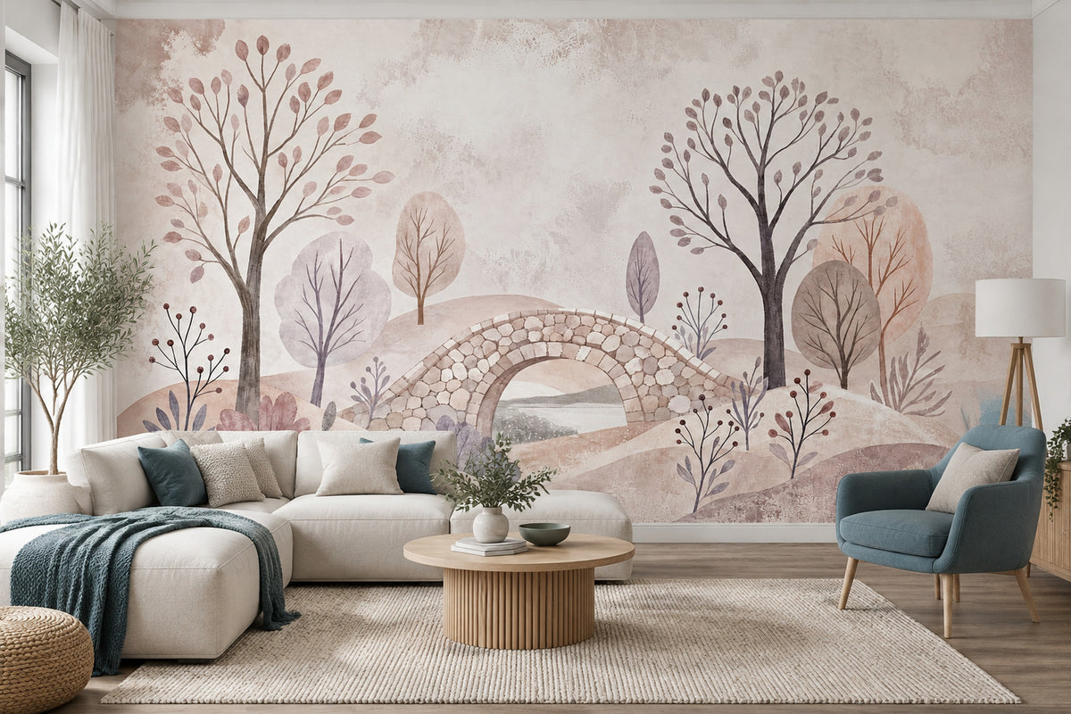 Botanical Landscape Wallpaper Stone Bridge Pastel Wall Mural