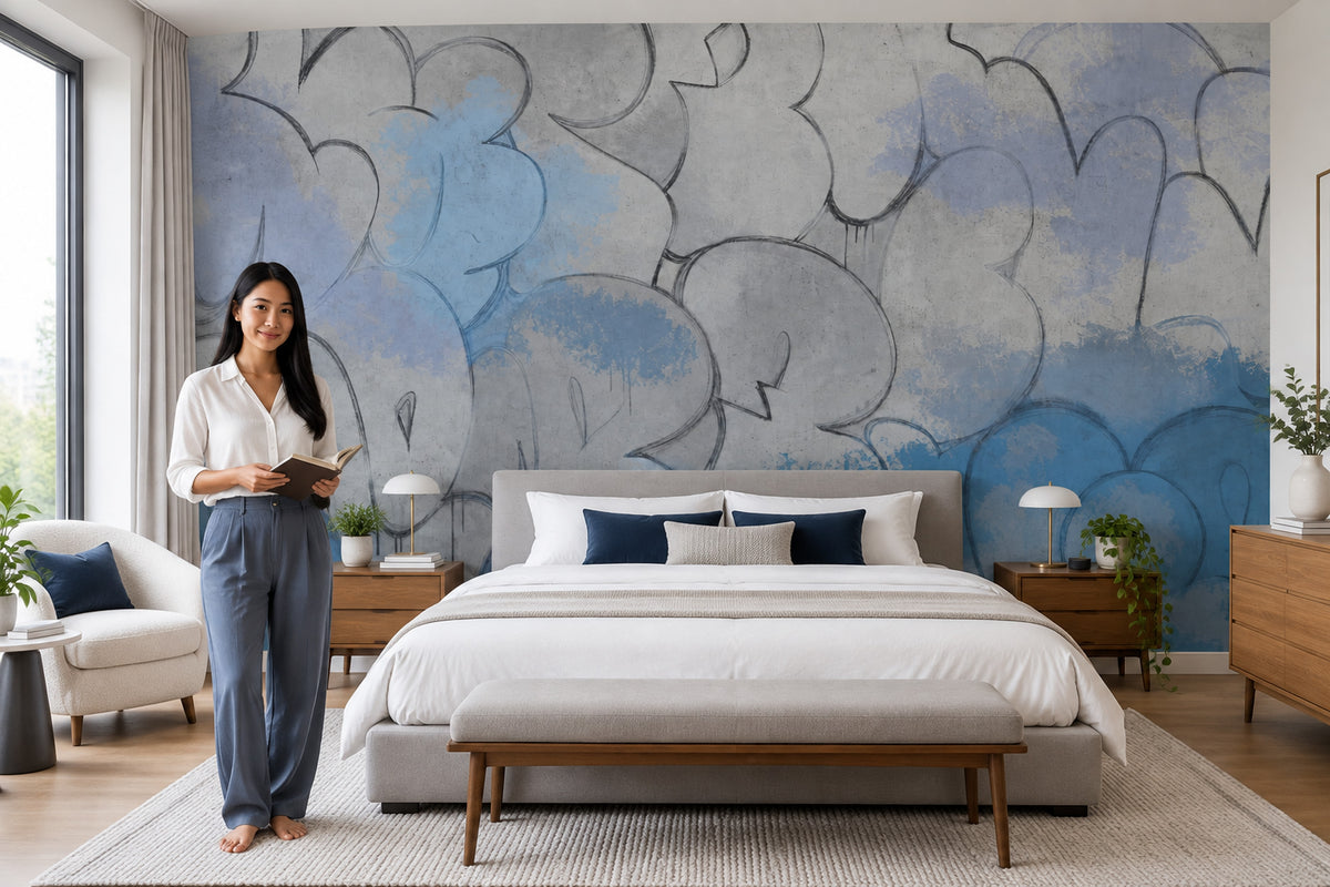 Abstract Graffiti Wallpaper Blue Spray Paint Wall Mural