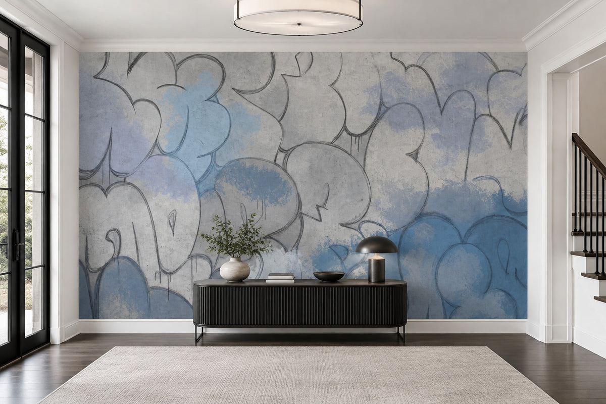 Abstract Graffiti Wallpaper Blue Spray Paint Wall Mural