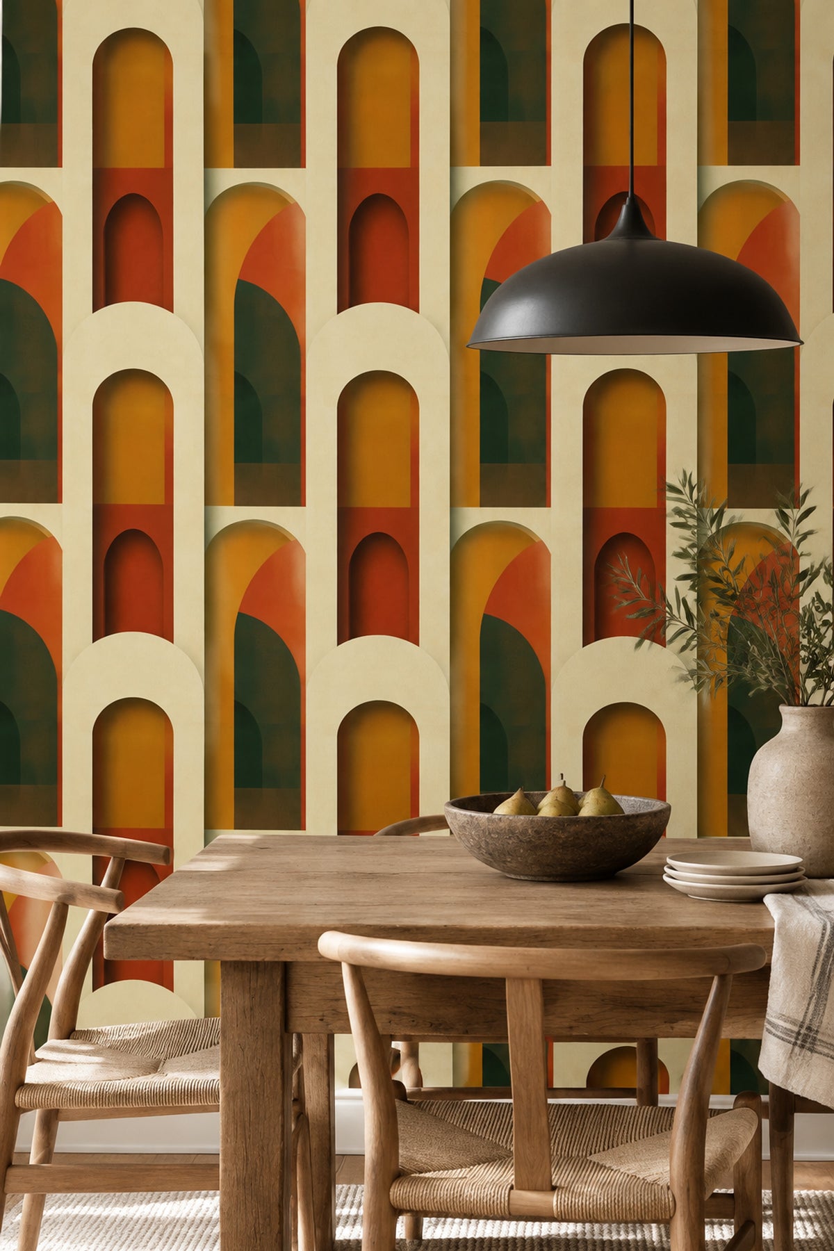 Abstract Arches Wallpaper Terracotta Ochre Dark Green