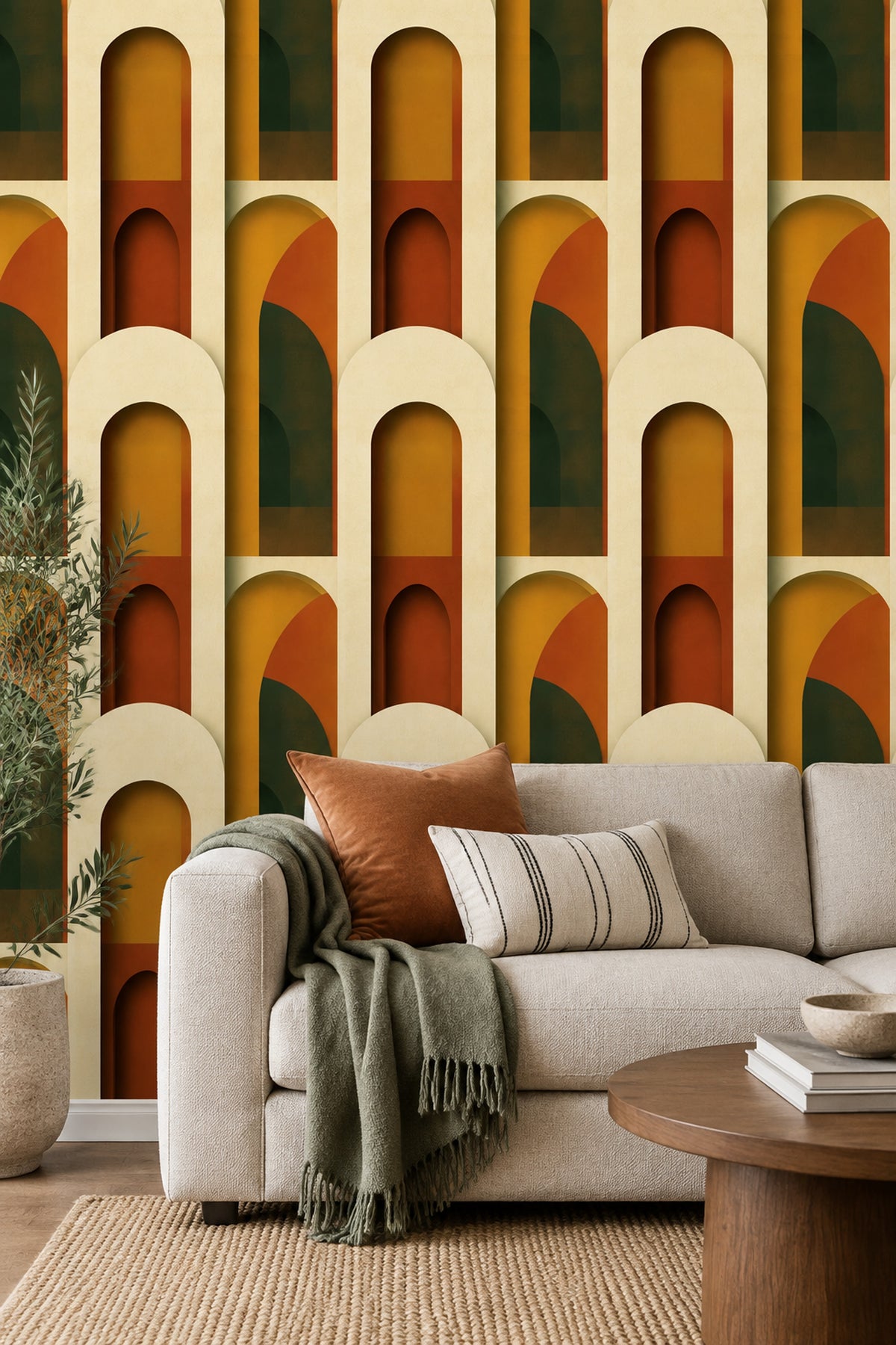 Abstract Arches Wallpaper Terracotta Ochre Dark Green