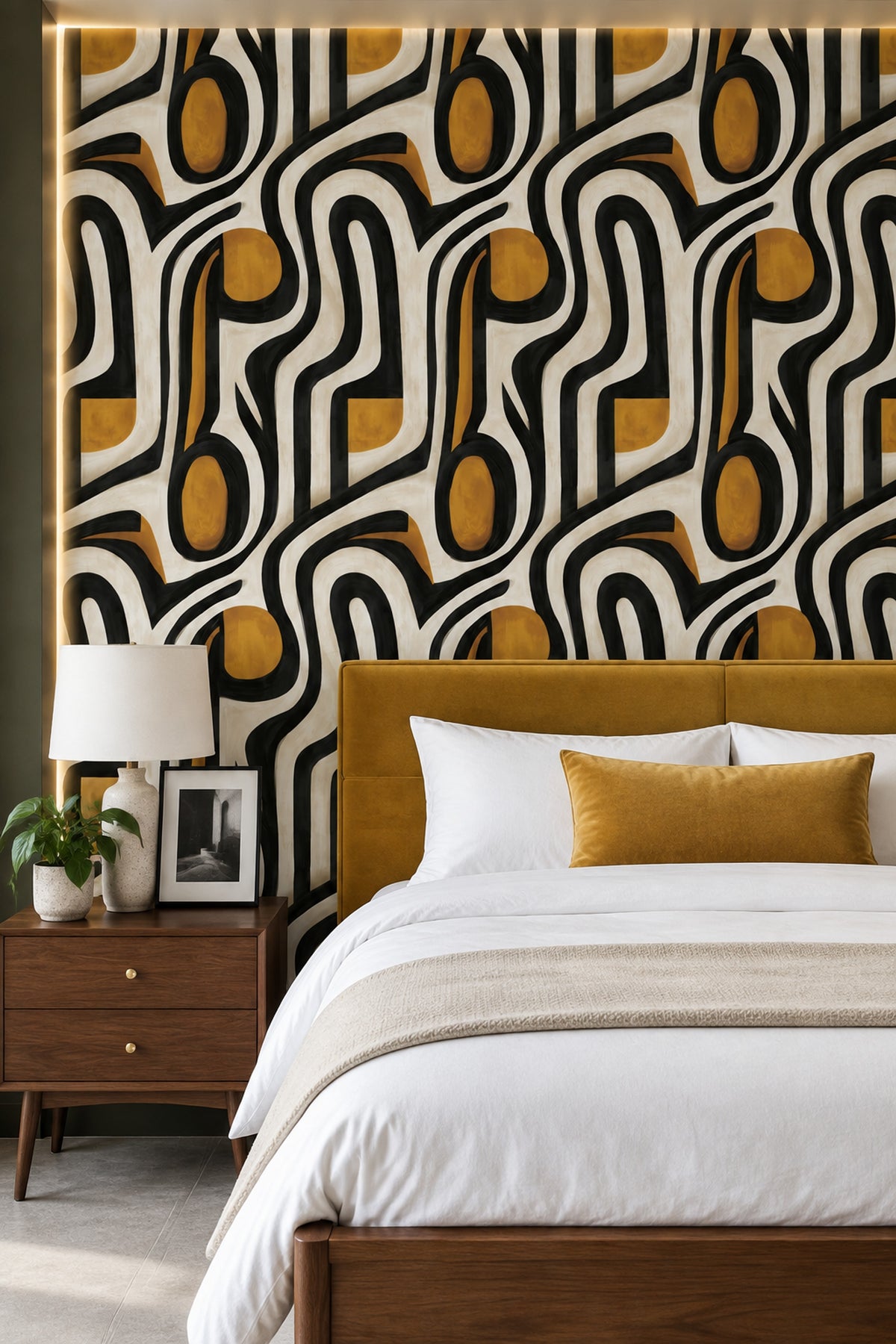 Abstract Line And Ochre Shapes Wallpaper Mid Century Modern