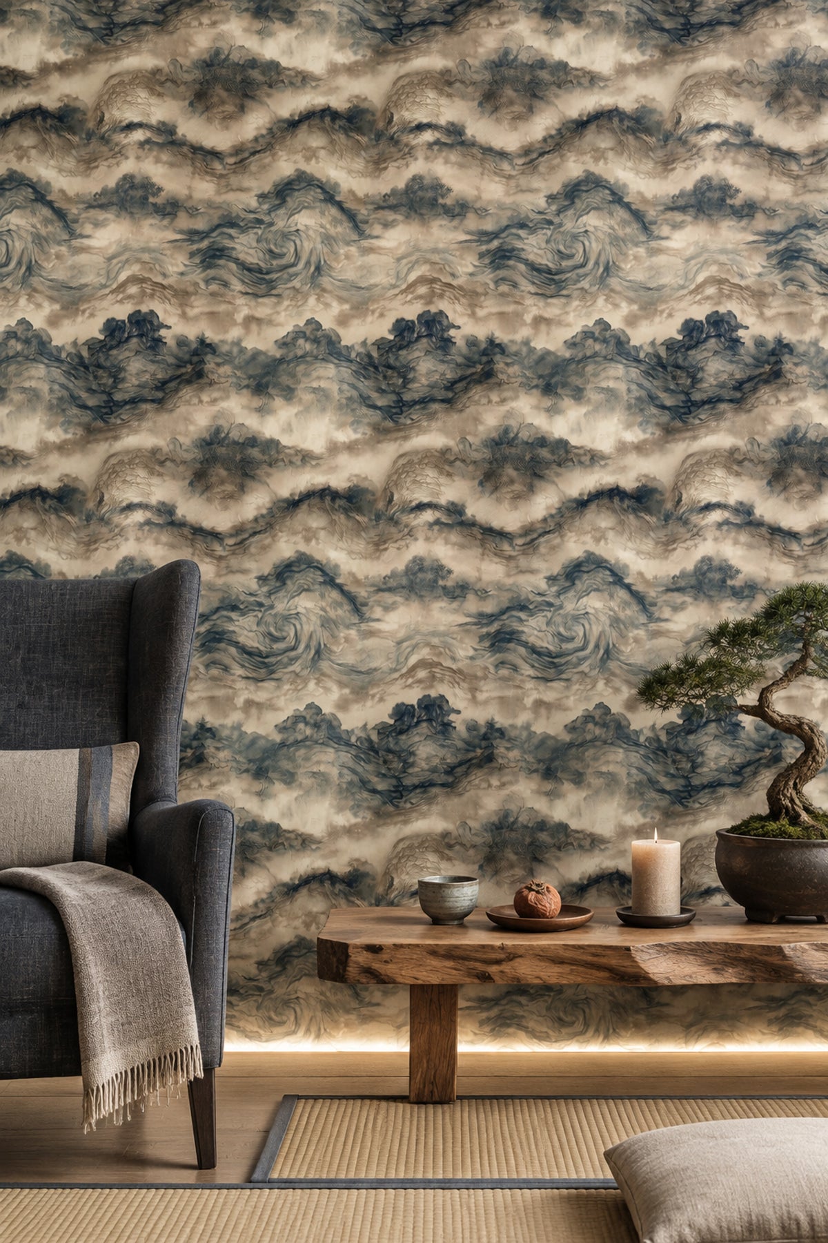 Misty Mountains Wallpaper Ink Wash Beige Blue Gray