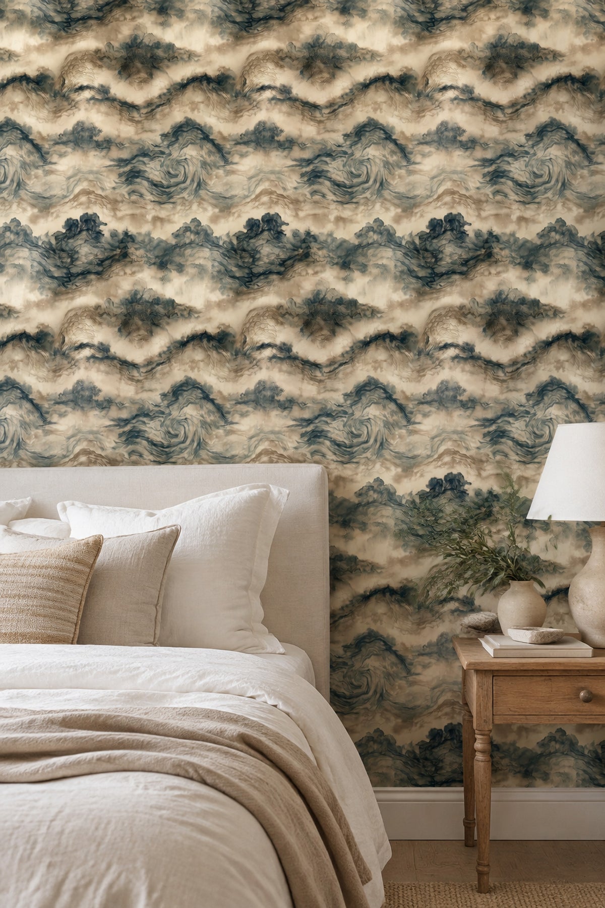 Misty Mountains Wallpaper Ink Wash Beige Blue Gray