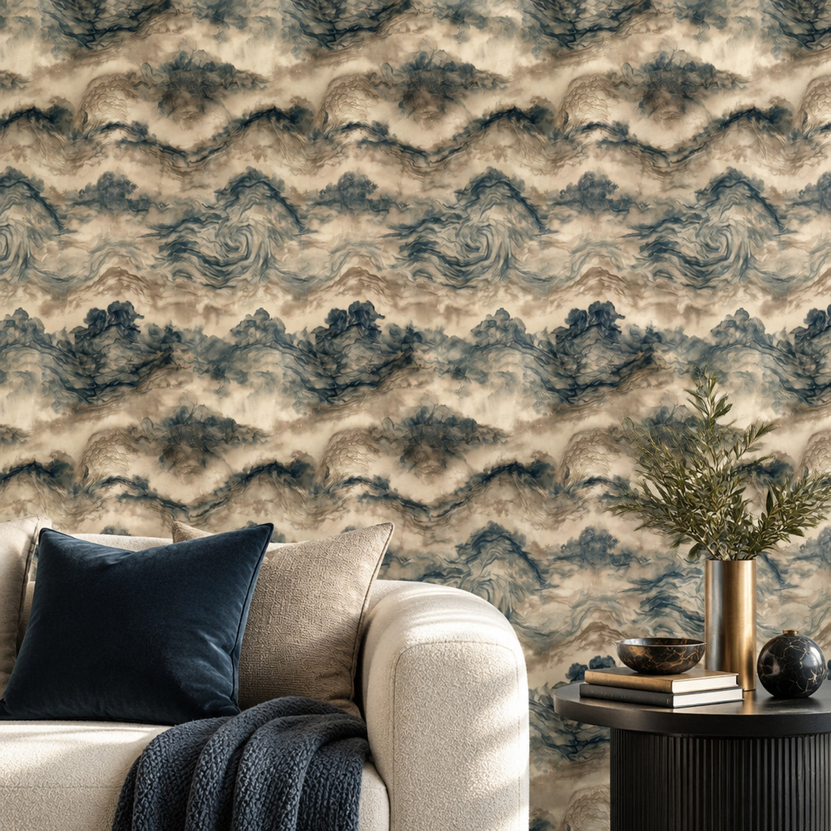 Misty Mountains Wallpaper Ink Wash Beige Blue Gray