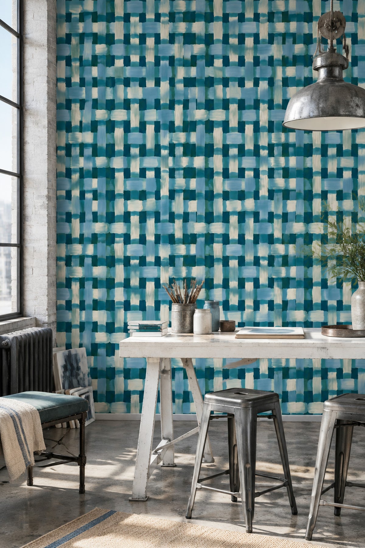 Abstract Grid Wallpaper Dark Teal Blue Brushstrokes