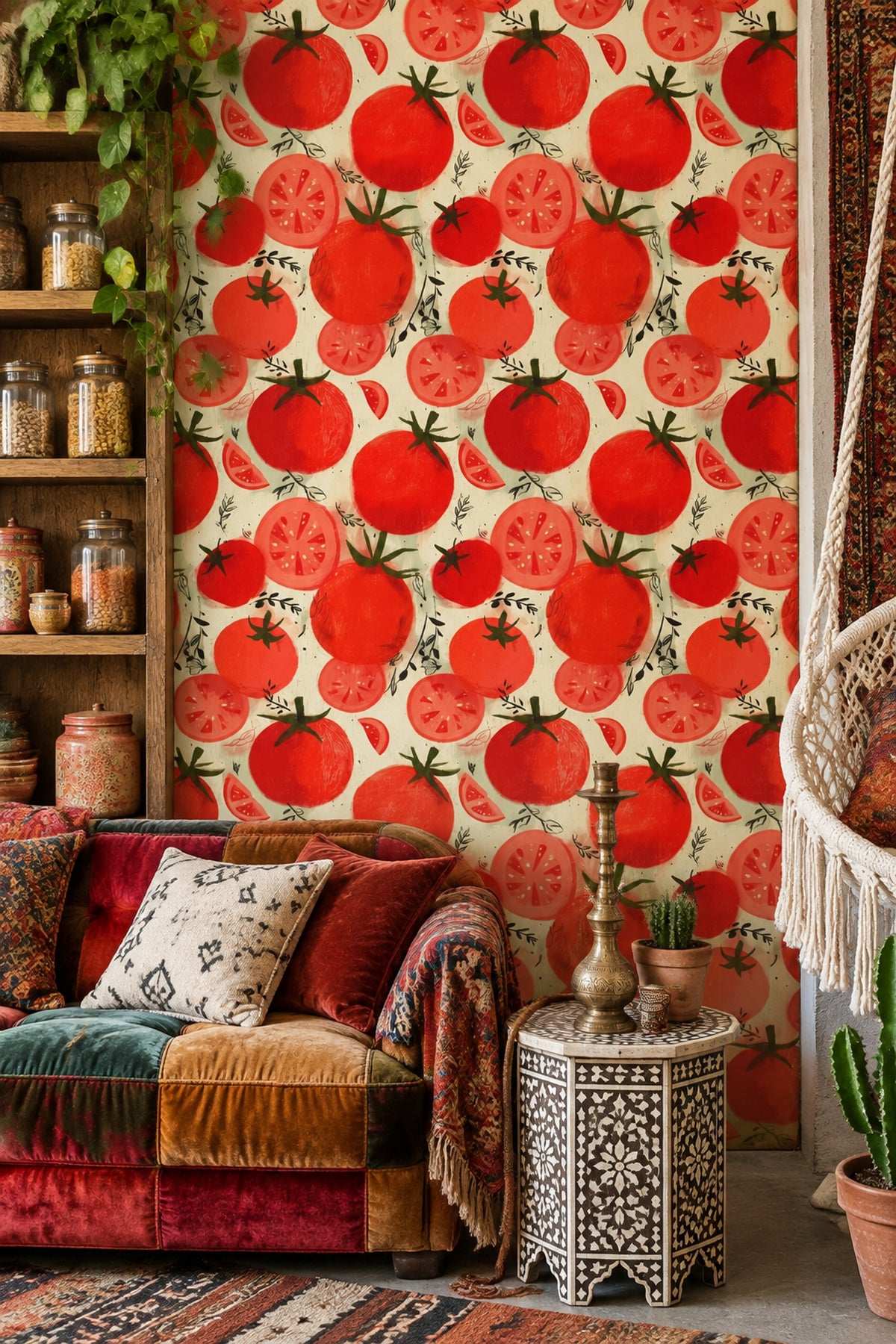 Tomatoes Wallpaper Hand Painted Red Botanical Pattern
