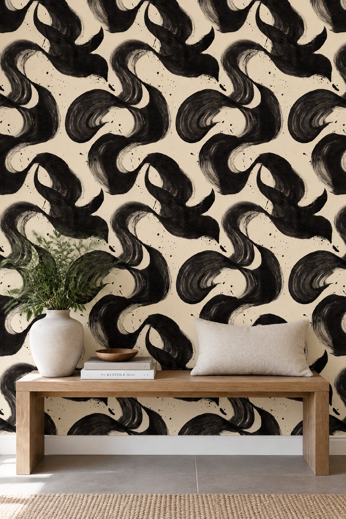 Abstract Brushstroke Wallpaper Black Ink On Cream Background