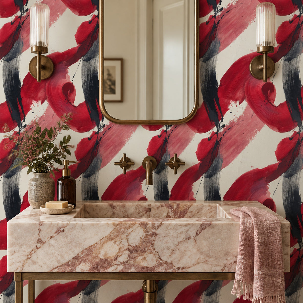 Abstract Brushstrokes Wallpaper Red And Black On Cream Background