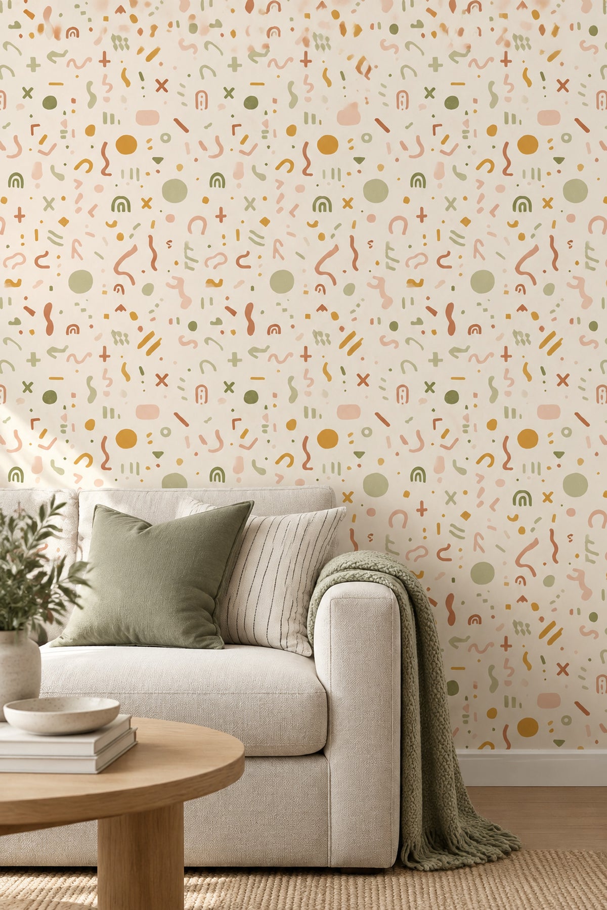 Abstract Doodle Shapes Wallpaper Earth Tone Cream Background