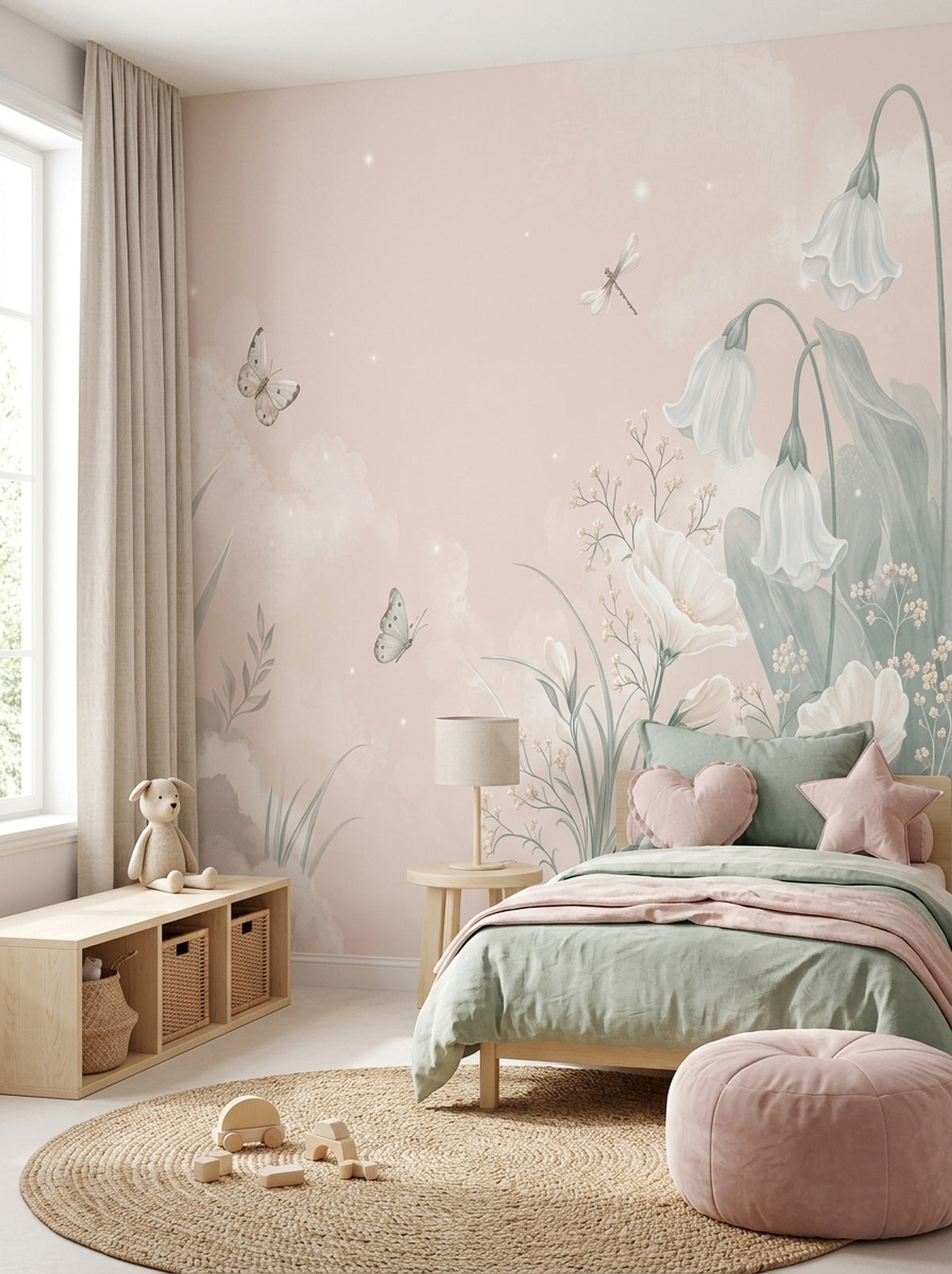 Watercolor White Bell Flowers Wallpaper Pastel Botanical Wall Mural