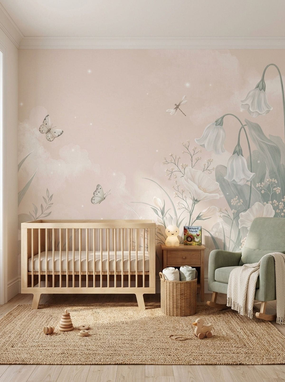 Watercolor White Bell Flowers Wallpaper Pastel Botanical Wall Mural