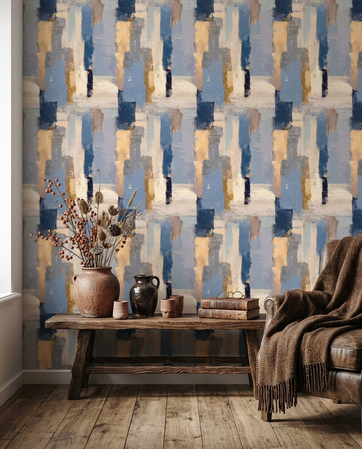 Abstract Blocks Wallpaper Textured Blue With Cream Accents