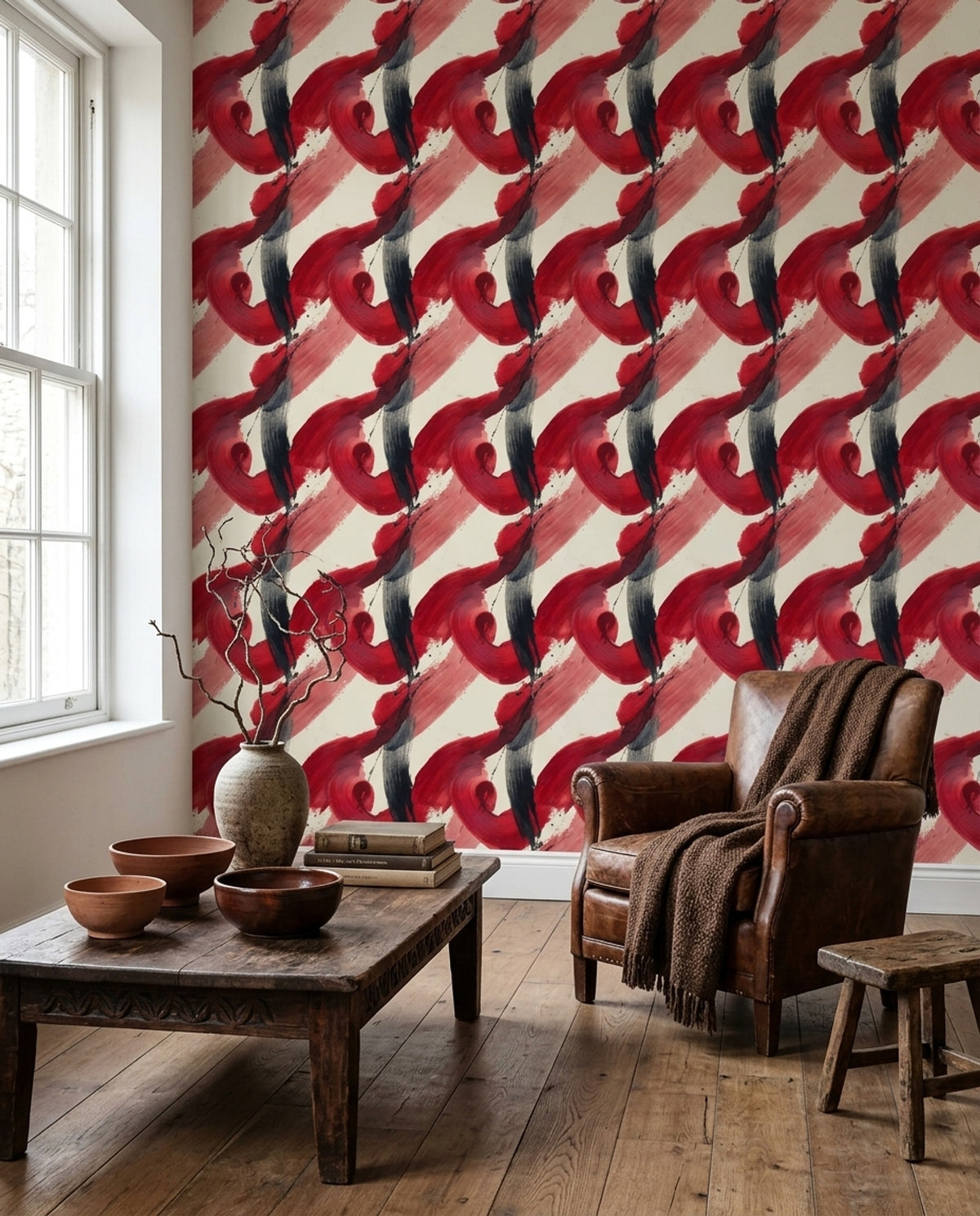 Abstract Brushstrokes Wallpaper Red And Black On Cream Background