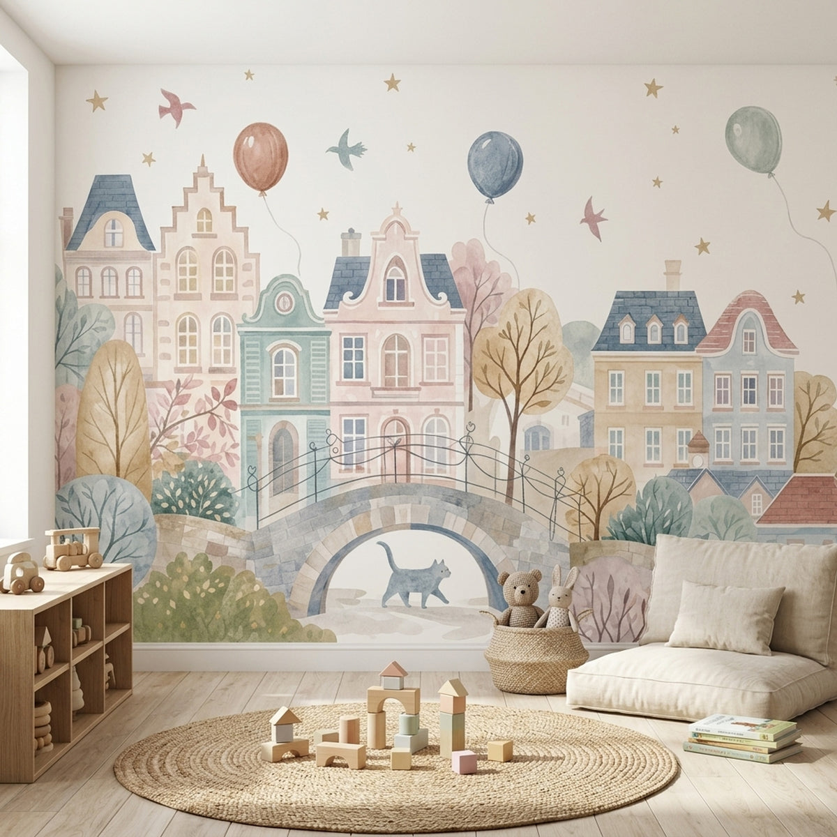 Watercolor Townscape Wallpaper Pastel European Village Wall Mural