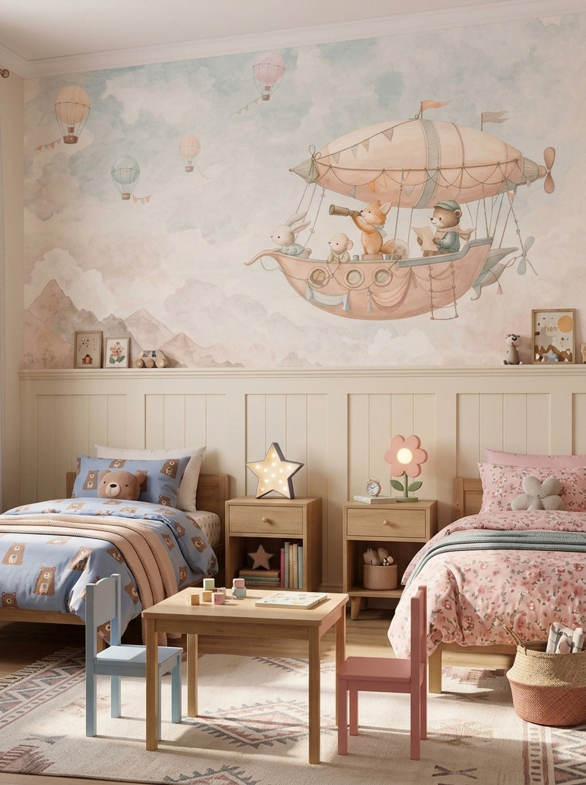 Whimsical Airship Animals Wallpaper Watercolor Storybook Wall Mural