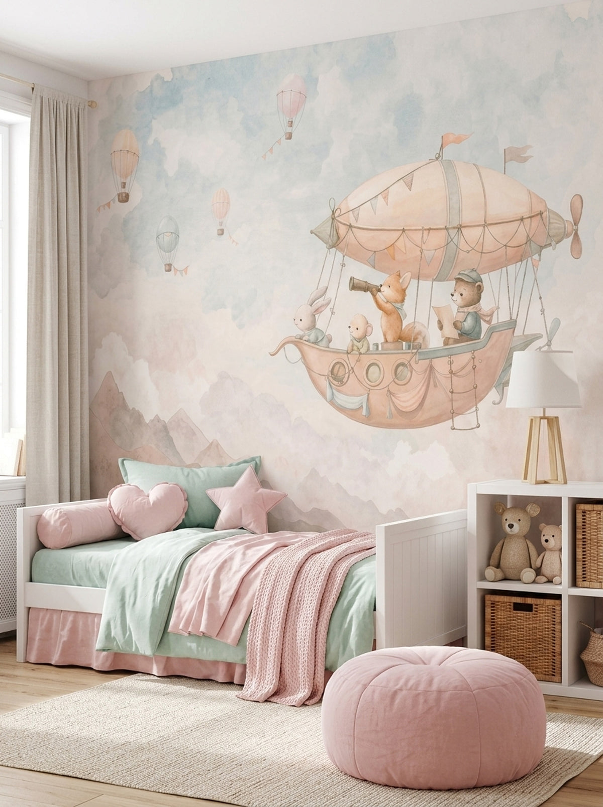 Whimsical Airship Animals Wallpaper Watercolor Storybook Wall Mural