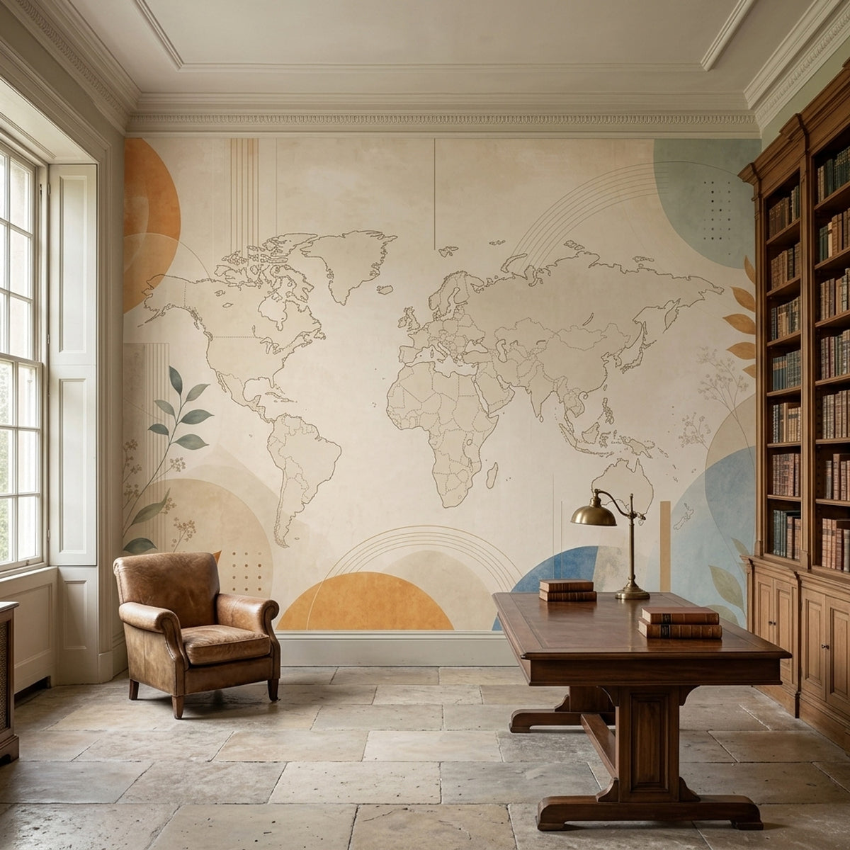 Vintage World Map Wallpaper Muted Green Botanical Wall Mural