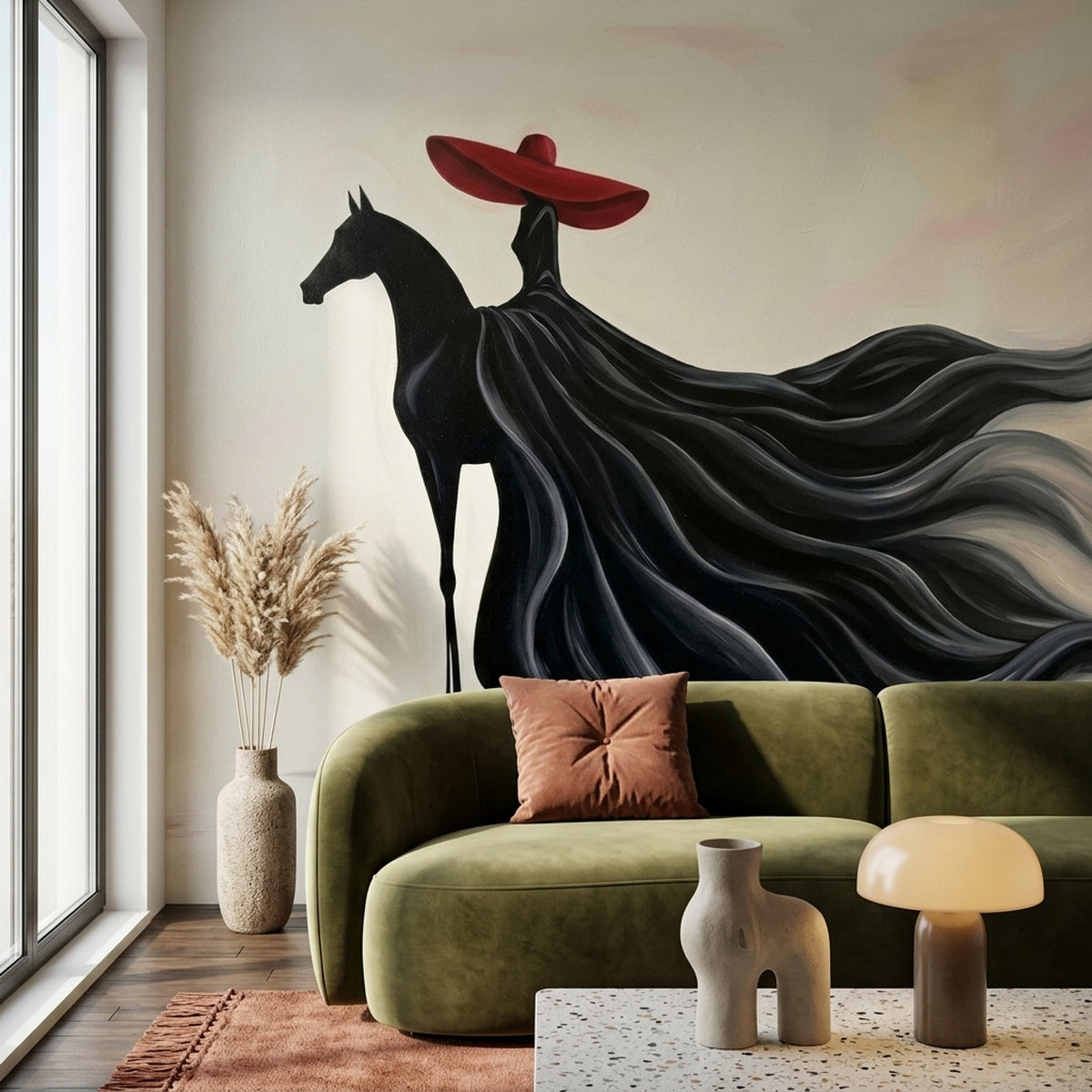Red Hat Horse Silhouette Wallpaper Surreal Equestrian Wall Mural