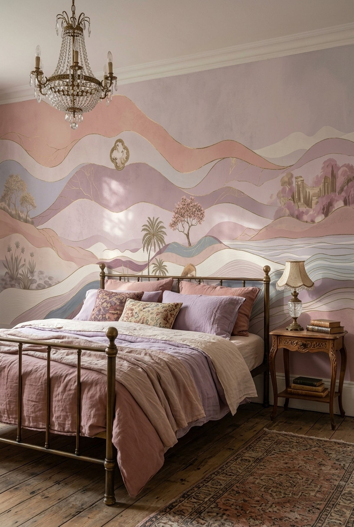 Pastel Landscape Wallpaper Gold Linework Wall Mural