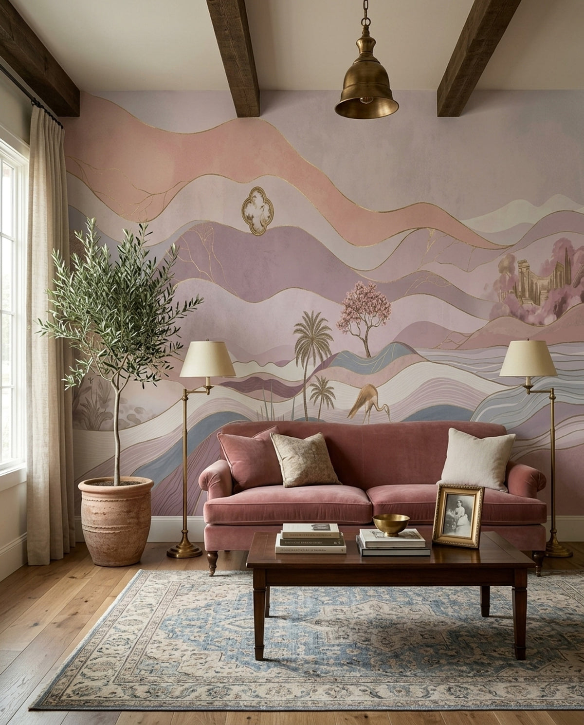 Pastel Landscape Wallpaper Gold Linework Wall Mural