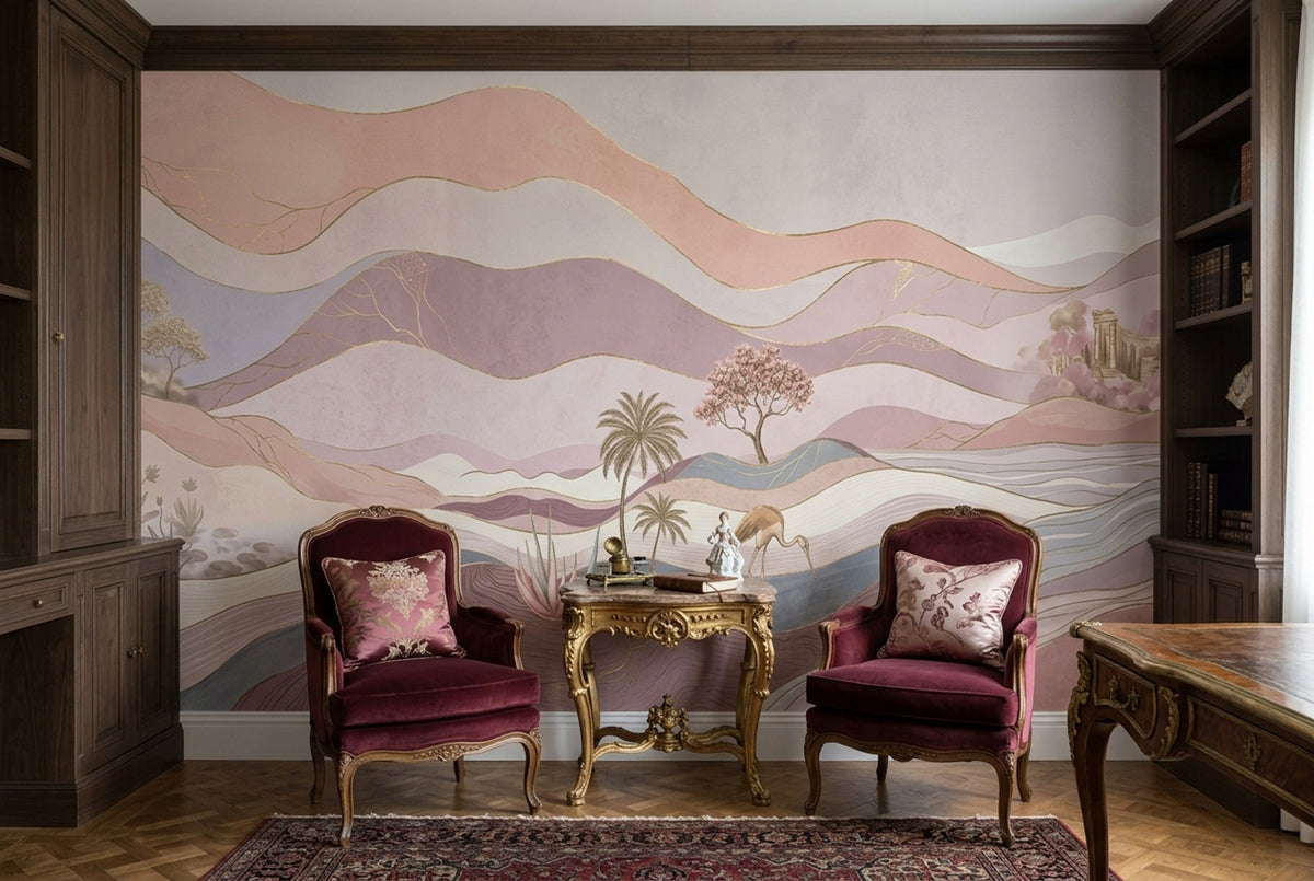 Pastel Landscape Wallpaper Gold Linework Wall Mural