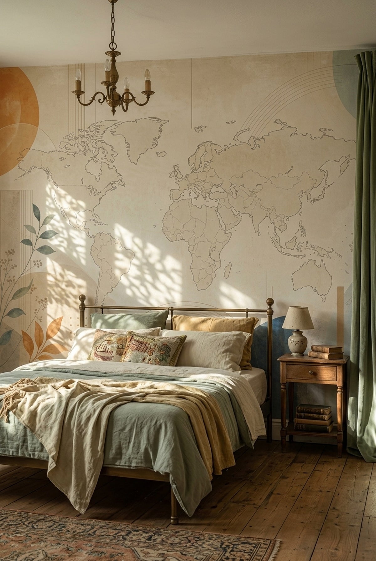 Vintage World Map Wallpaper Muted Green Botanical Wall Mural