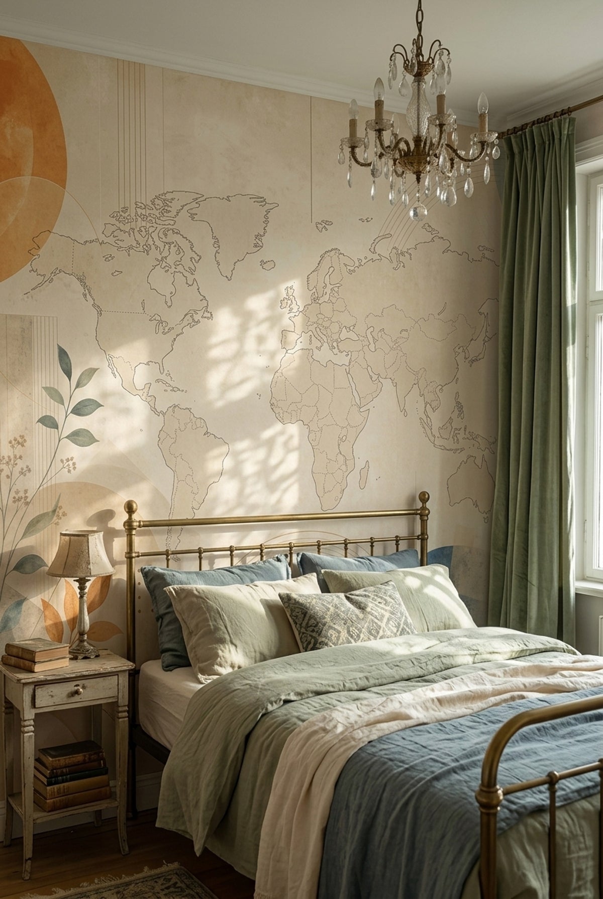 Vintage World Map Wallpaper Muted Green Botanical Wall Mural