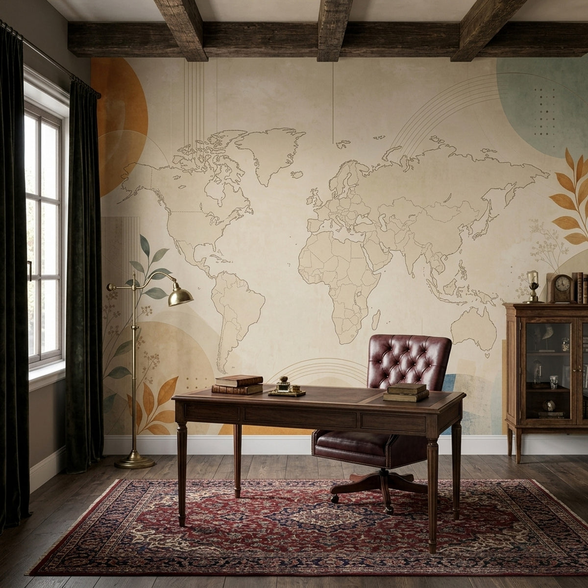 Vintage World Map Wallpaper Muted Green Botanical Wall Mural