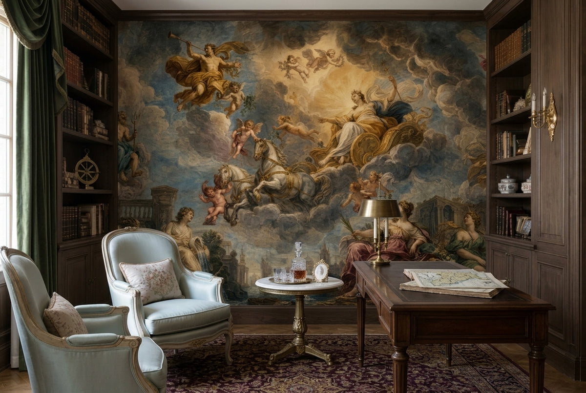 Mythological Gods And Cherubs Wallpaper Dark Fresco Wall Mural