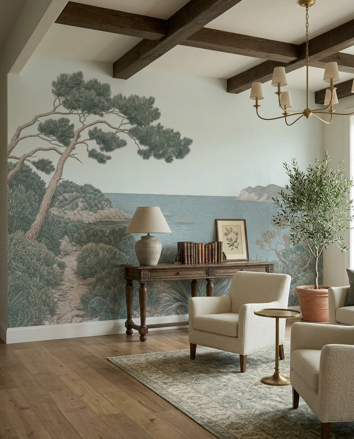 Mediterranean Sea View Wallpaper Vintage Coastal Wall Mural