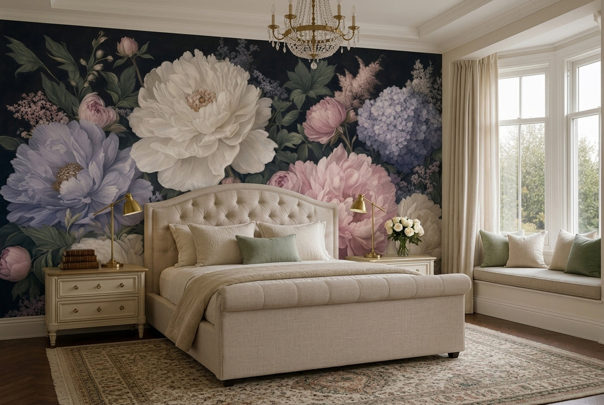 Peony And Hydrangea Wallpaper Dark Floral Wall Mural