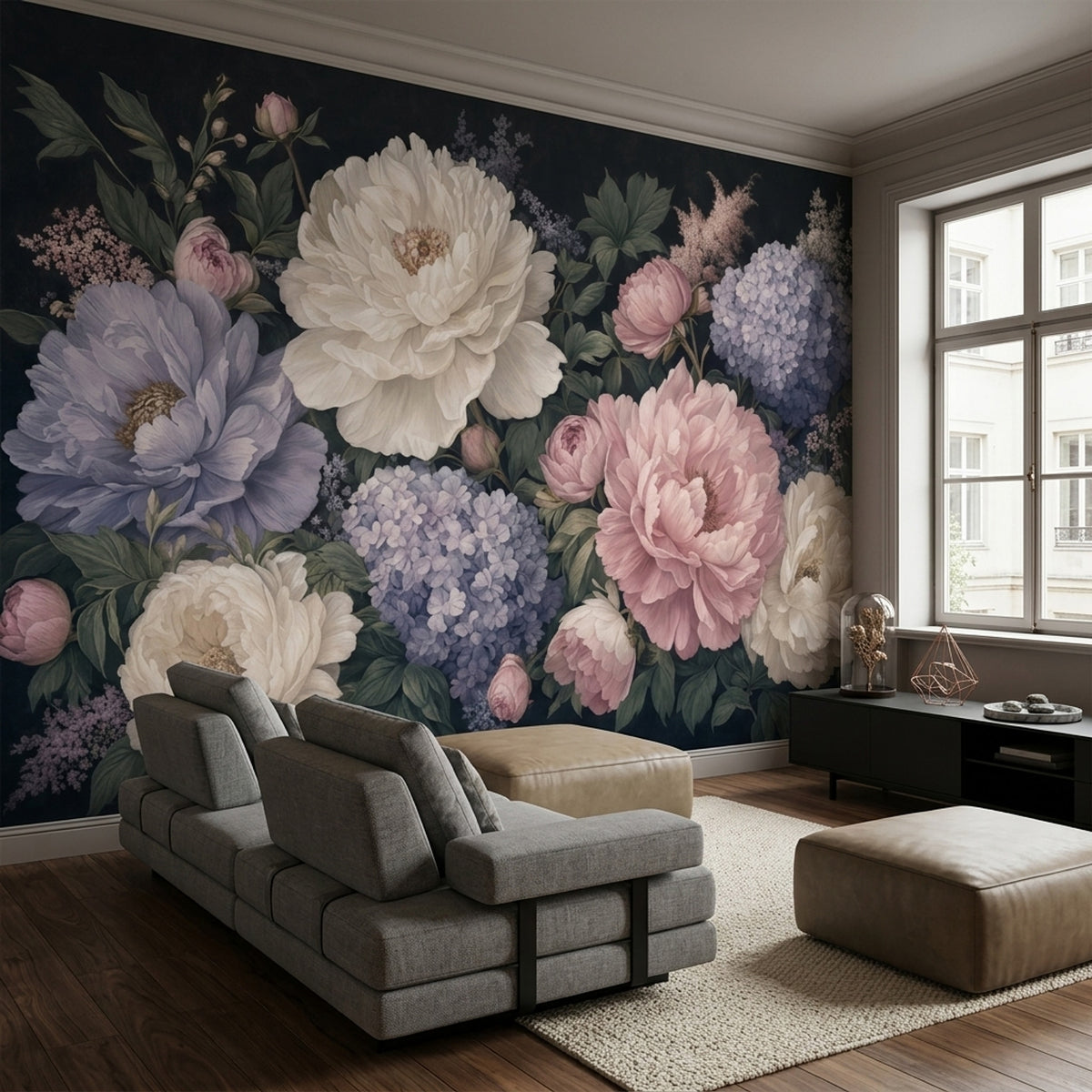 Peony And Hydrangea Wallpaper Dark Floral Wall Mural