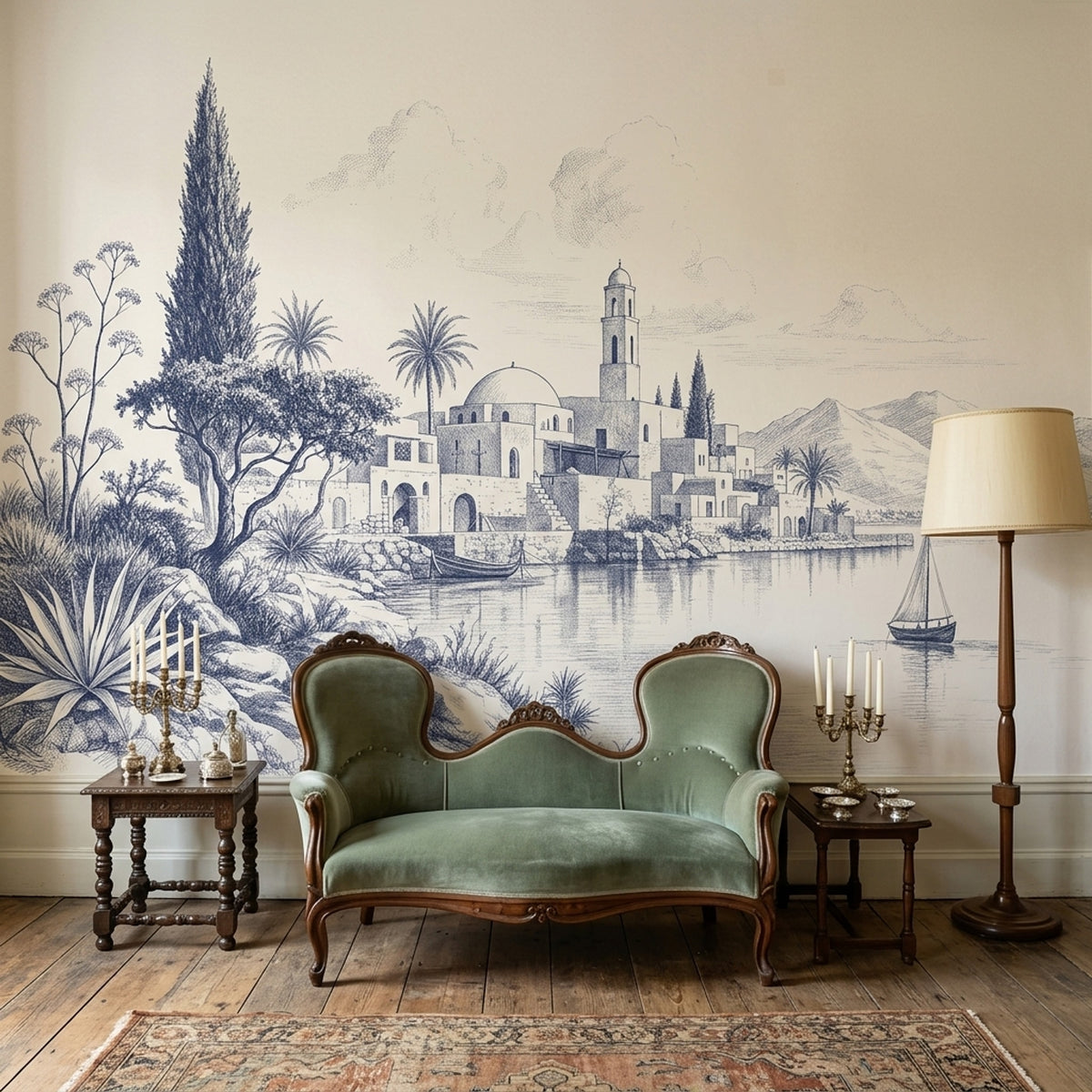 Mediterranean Coastal Village Wallpaper Toile Blue Linework Wall Mural