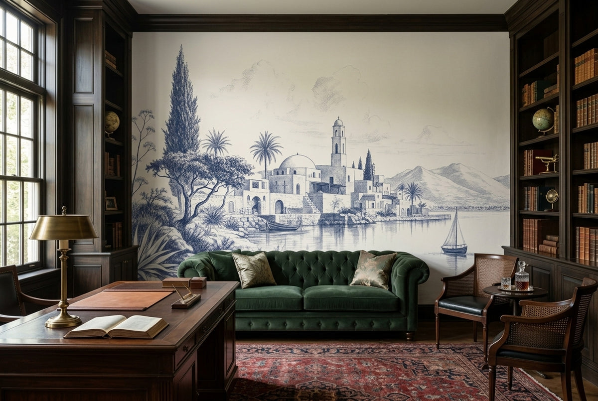 Mediterranean Coastal Village Wallpaper Toile Blue Linework Wall Mural